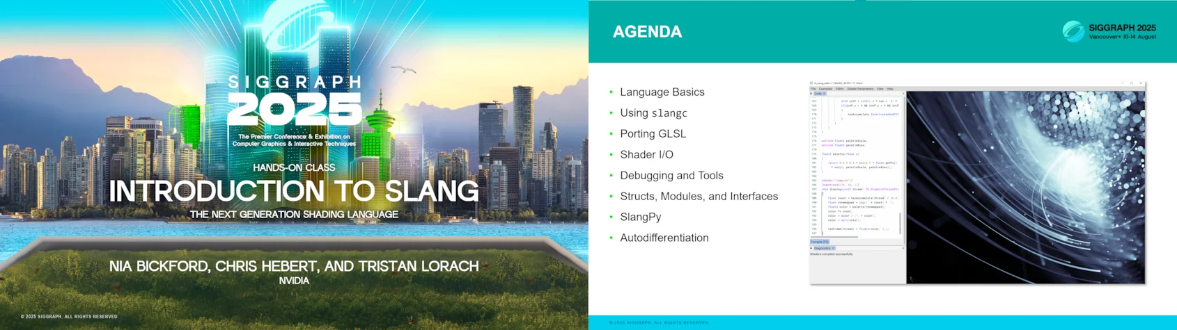 The title and agenda slides from the lab. The agenda slide has a screenshot of vk_slang_editor and the course's agenda: language basics, using slangc, porting GLSL, shader I/O, debugging and tools, structs, modules, interfaces, SlangPy, and autodifferentiation.