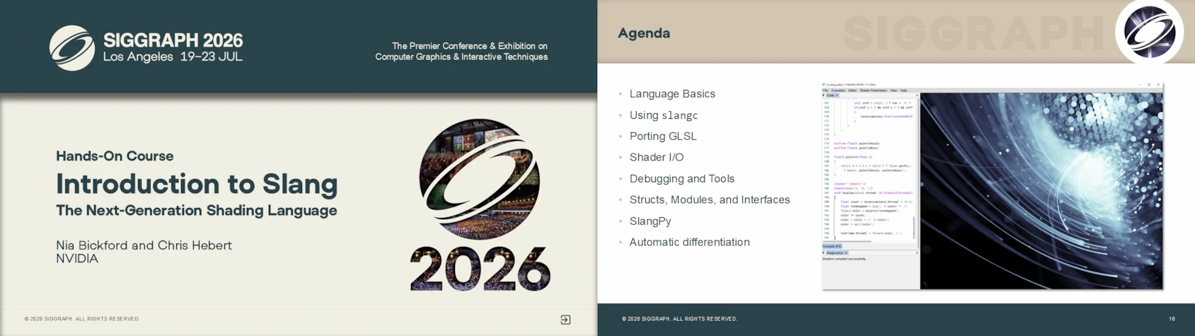 The title and agenda slides from the lab. The agenda slide has a screenshot of vk_slang_editor and the course's agenda: language basics, using slangc, porting GLSL, shader I/O, debugging and tools, structs, modules, interfaces, SlangPy, and autodifferentiation.
